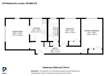 Floor plan for 2 beds, 1 bath